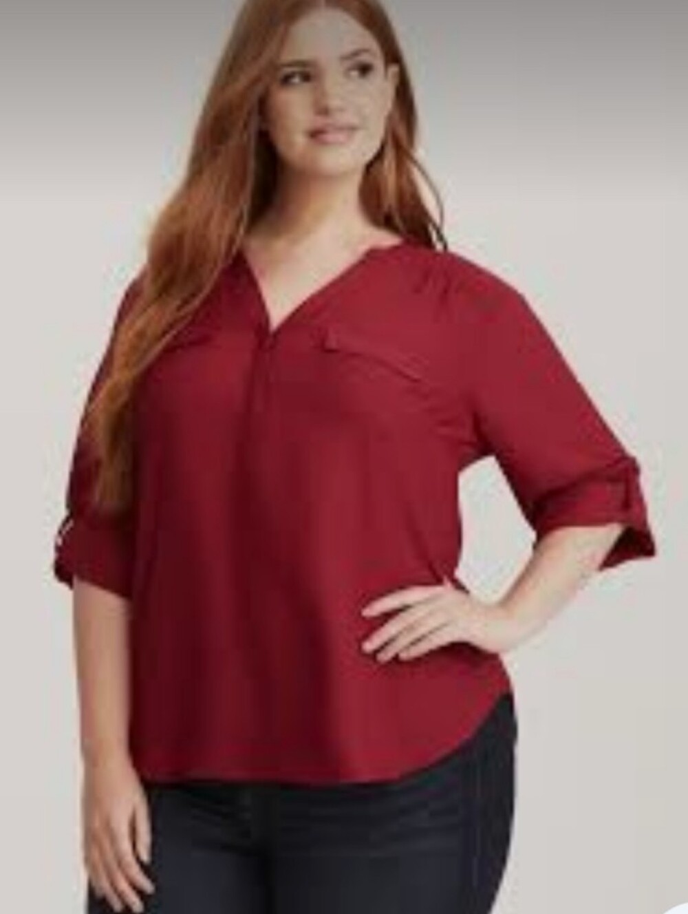 torrid Harper Georgette 3/4 Sleeve/Red V-Neck Roll-Tab Tunic torrid Size 0